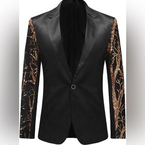Men’s Black Satin Blazer XL Gold Sequin Sleeves Prom Wedding Party Jacket